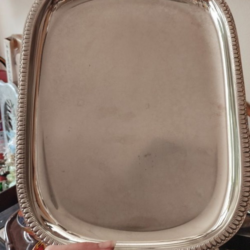 Vintage silver-plated tray with raised detailed border like new