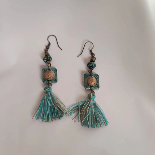 Vintage Style Boho Earrings New with Turquoise Tassels and Geometric Elements