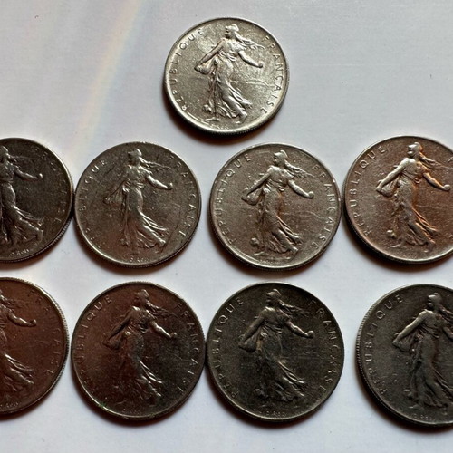France 1 franc coin used, set 1960, 1964, 1968