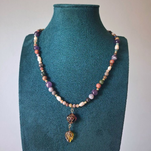 Dance of Nymphs handmade necklace with amethyst, aquamarine and agate steel new, multicolor