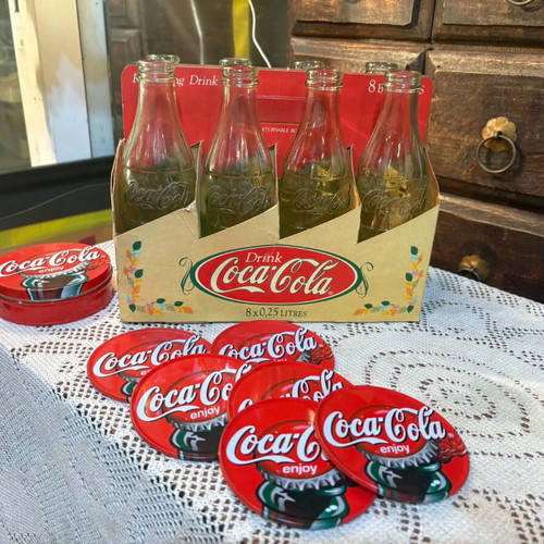 Coca Cola 8 glass bottles with 6 coaster set gift