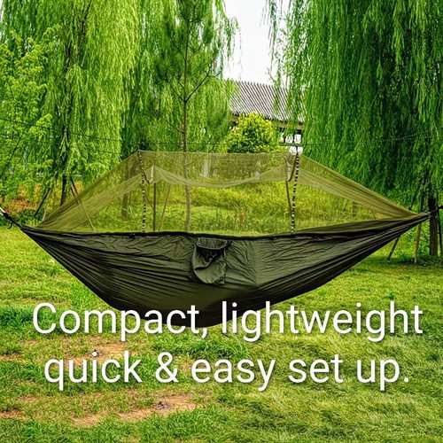 Lightweight olive drab hammock with integrated mosquito net