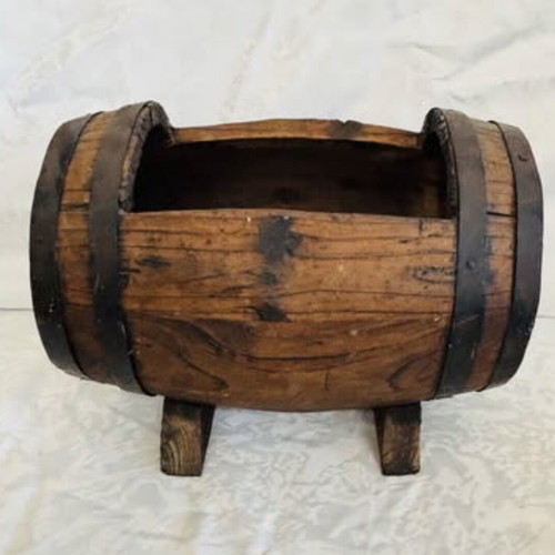Cypriot Barrel Planter Used Handmade Wooden Metal