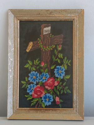 Vintage embroidered Crucifixion painting hand-stitched like new