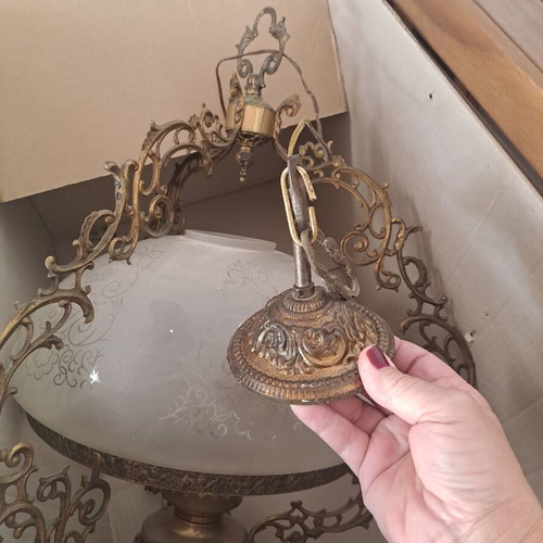 Ceiling light used, old brass with opaline shade