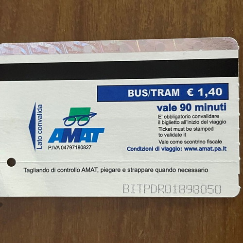 Bus Tram Ticket Palermo Italy Sicily 2018 used
