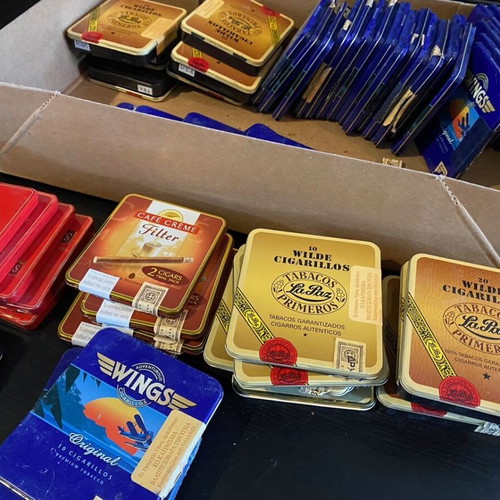 Metal cigar tins used, lot of 64, various brands