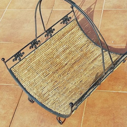 Newspaper and magazine holder used, metal with wicker base