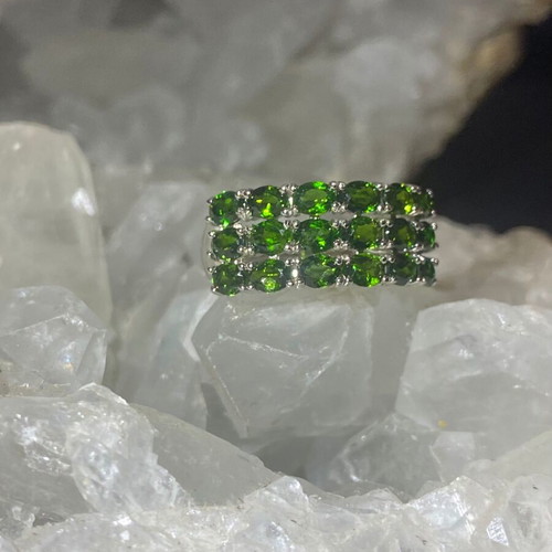 Silver ring with natural diopside and 18K gold plating, adjustable