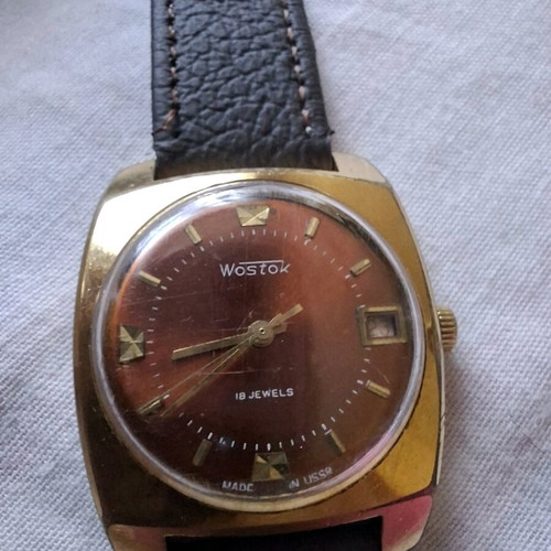 Wostok gold-plated mechanical watch used, brown and gold