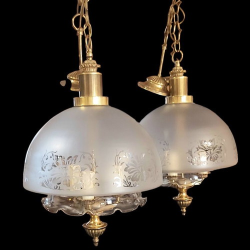 Vintage 1970 3-light ceiling lamps like new with frosted glass and brass details