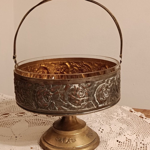Metal Art Deco centerpiece bowl with handle, circular, raised base