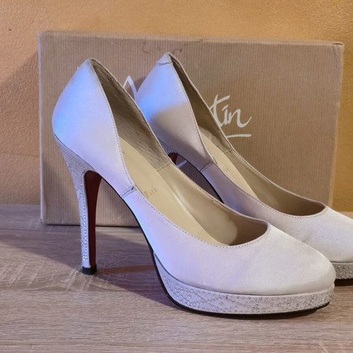 Christian Louboutin women's ivory satin high heels with Swarovski crystals