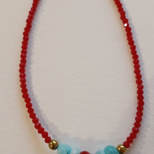 Necklace 8023 new, handmade, red and turquoise
