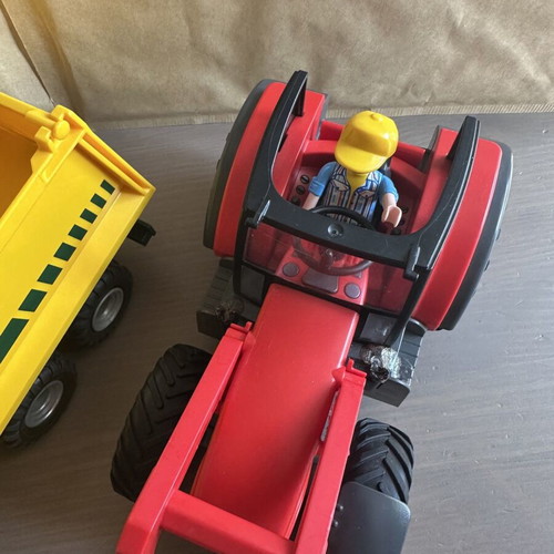 Playmobil Red Farm Tractor used with yellow trailer and figure