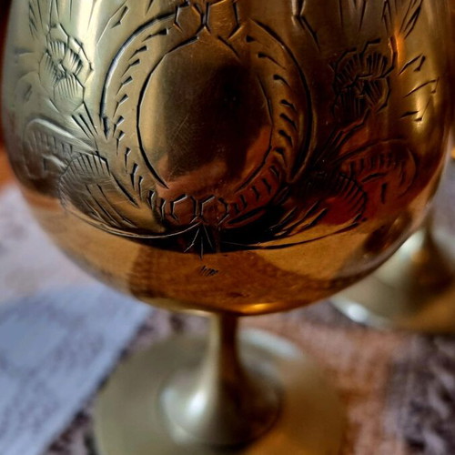 Set of 6 used vintage brass brandy glasses 1950s