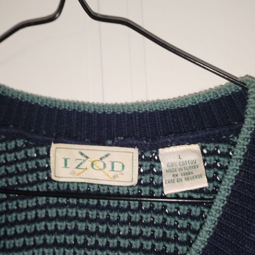 Izod knitted college-style vest like new, size L, blue and green
