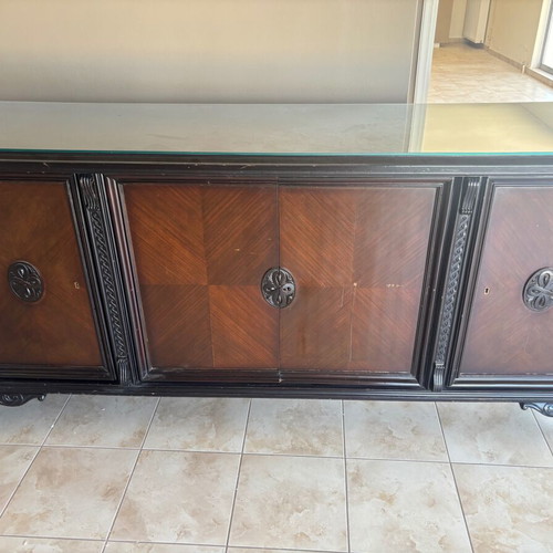 Vintage Walnut Buffet Table like new with carved lion legs and glass top