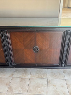 Vintage Walnut Buffet Table like new with carved lion legs and glass top