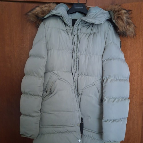 Splendid jacket used, mint color with detachable fur hood, knee length