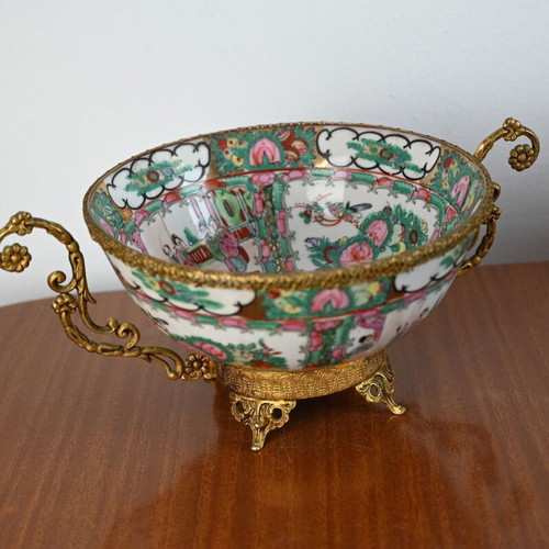 Rose Medallion Chinese porcelain bowl used with gilded brass handles and base