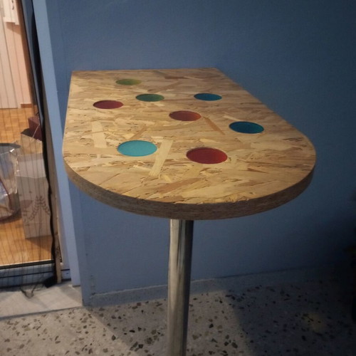 Handmade bar table like new with OSB wood surface and colorful inlays
