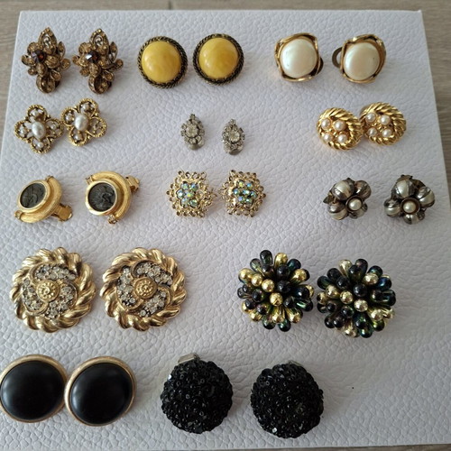 Vintage earrings with clips and pins, 17 pairs and 10 pins