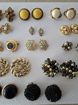 Vintage earrings with clips and pins, 17 pairs and 10 pins