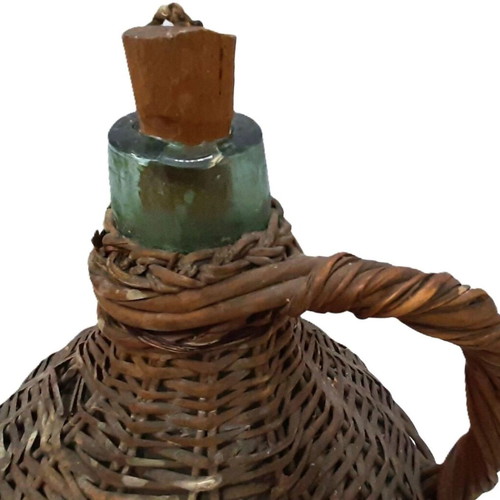 Antique glass demijohn with handle used, 5 liters, wicker wrapped