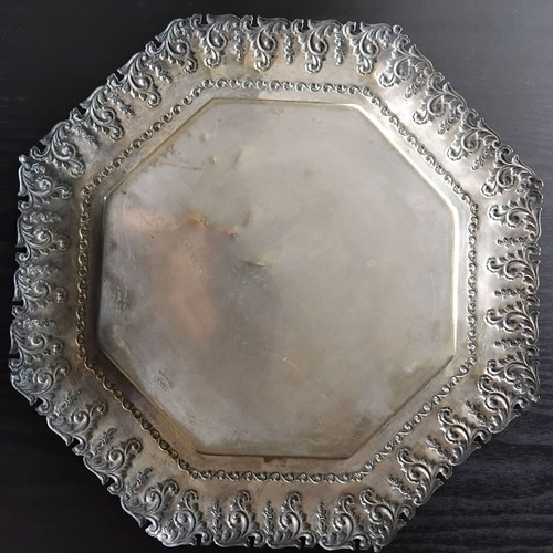 Silver plated octagonal tray used with embossed decoration 19th century