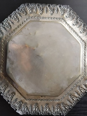 Silver plated octagonal tray used with embossed decoration 19th century