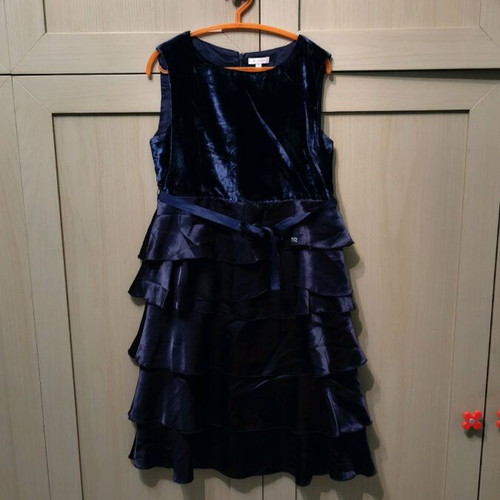 Velvet girls dress like new, blue with satin ruffles