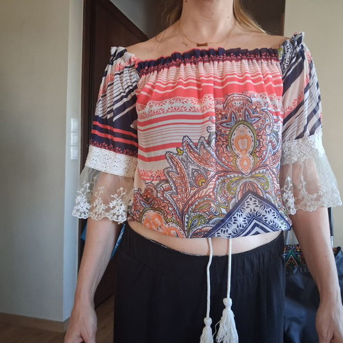 BSB Boho Off-Shoulder Blouse with Lace and Tassels, Like New, Size M