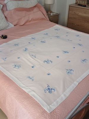 Handmade white tablecloth with fine blue embroidery, linen fabric, new