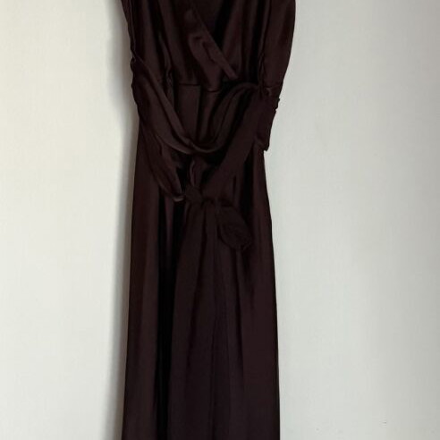 ZARA slip dress, brown, satin weave, long with belt