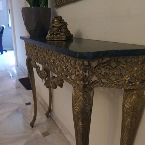 Vintage brass gilt entryway furniture with marble top used