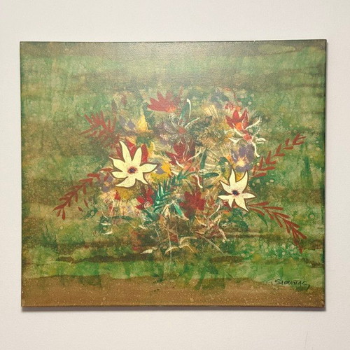 Original Painting by Giorgos Siountas Floral Composition on Green Background like new