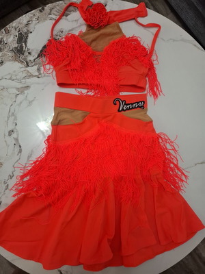 Latin dance dress with fringes, Venny, coral neon