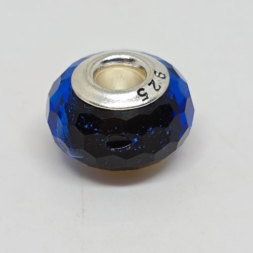 Murano glass charm bead with 925 silver ring in blue, like new