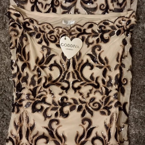 Goddiva Long Evening Dress New With Sequins Black Beige