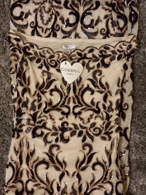 Goddiva Long Evening Dress New With Sequins Black Beige