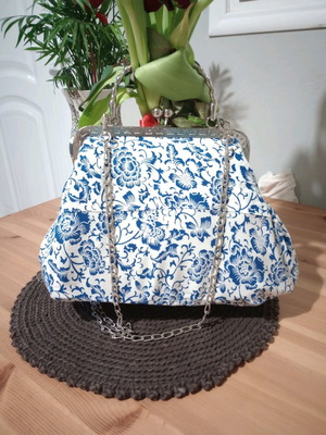Handmade shoulder bag with chain and minky lining, new, white and blue