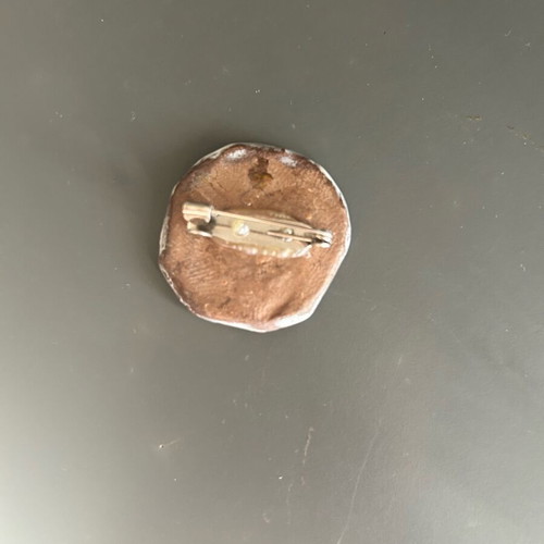 Women's vintage brooch like new enamelled clay white-brown