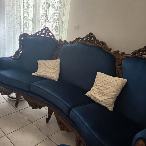 Handmade Victorian-style living room set, six pieces, blue velvet