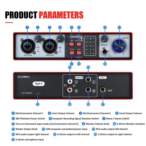 USB audio interface 2-in-2-out 32-bit/384kHz DSP 48V new, home studio