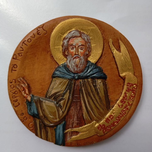 Saint Sergius of Radonezh Painted Icon from Wax, Mastic and Incense