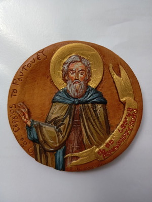 Saint Sergius of Radonezh Painted Icon from Wax, Mastic and Incense