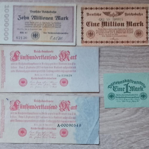 Reichsbanknote banknotes used, set of 5, Germany 1922-1923