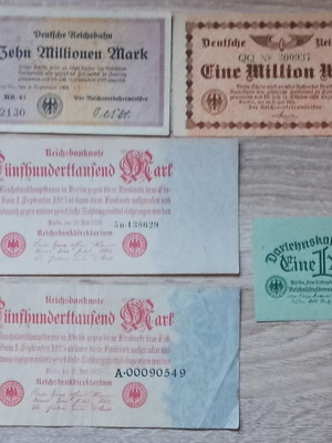 Reichsbanknote banknotes used, set of 5, Germany 1922-1923