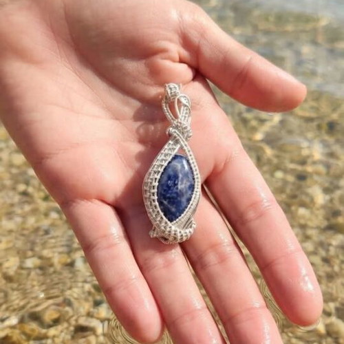 Handmade wire pendant with semiprecious blue stone, new